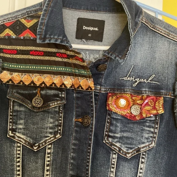 Desigual Dark Blue Denim Jacket with Multicolor Embroidered Sleeves - Picture 2 of 5